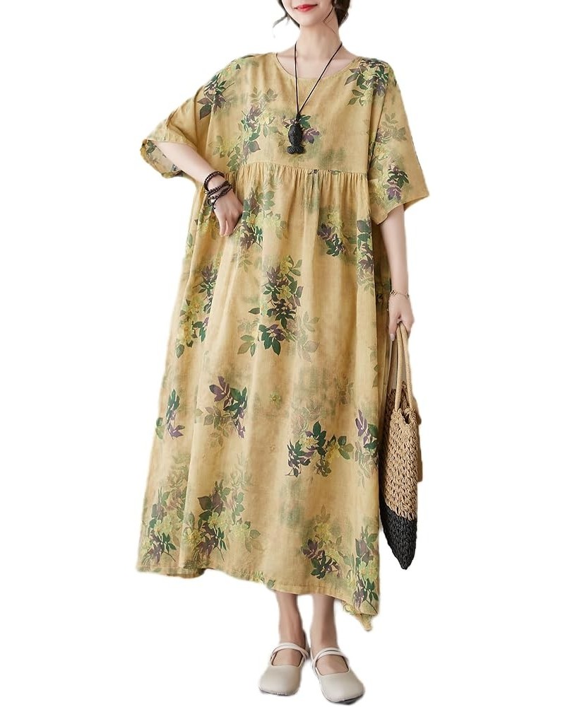 Women's Summer Crewneck Short Sleeve Maxi Length Floral Printed Dress GA2672 Yellow $13.98 Dresses