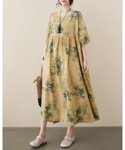 Women's Summer Crewneck Short Sleeve Maxi Length Floral Printed Dress GA2672 Yellow $13.98 Dresses