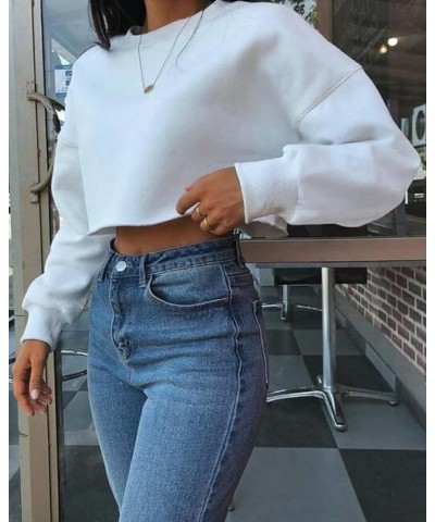 Women's Cropped Fleece Sweatshirt Crewneck Long Sleeve Casual Pullover Crop Tops N-white $13.25 Hoodies & Sweatshirts