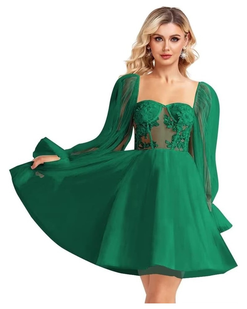 Puffy Sleeve Tulle Homecoming Dresses Short Wedding Dress Sweetheart Lace Applique Prom Dresses for Teens Dark Green $45.05 D...