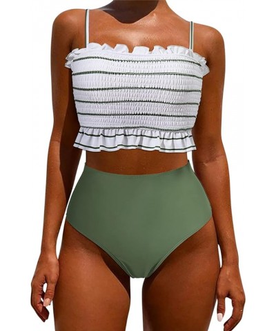 Women's Bandeau Bikini Sets Cute Shirred Swimsuit High Waisted Bathing Suit 58-white Stripe Army $20.06 Swimsuits