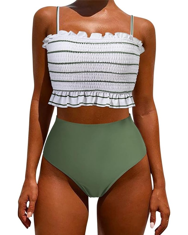 Women's Bandeau Bikini Sets Cute Shirred Swimsuit High Waisted Bathing Suit 58-white Stripe Army $20.06 Swimsuits