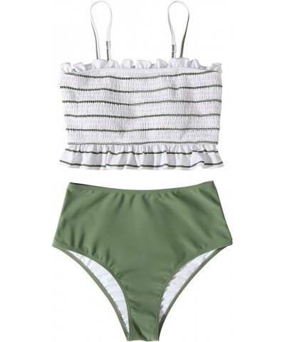 Women's Bandeau Bikini Sets Cute Shirred Swimsuit High Waisted Bathing Suit 58-white Stripe Army $20.06 Swimsuits