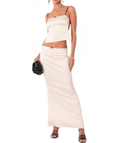 Women 2 Piece Skirt Sets Sexy Cami Top and Long Skirt Set Ruffled Satin Lace Patchwork Two Piece Skirt Outfit Backless Beige ...