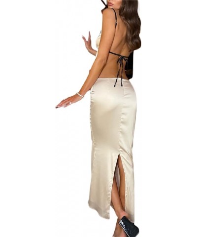 Women 2 Piece Skirt Sets Sexy Cami Top and Long Skirt Set Ruffled Satin Lace Patchwork Two Piece Skirt Outfit Backless Beige ...