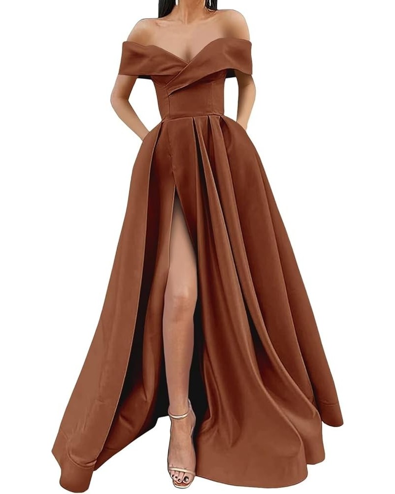 Off Shoulder Long Slit Prom Dresses A-Line Satin Formal Evening Party Gowns with Pockets Burnt Orange $42.92 Dresses