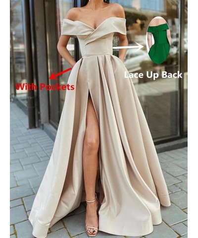 Off Shoulder Long Slit Prom Dresses A-Line Satin Formal Evening Party Gowns with Pockets Burnt Orange $42.92 Dresses