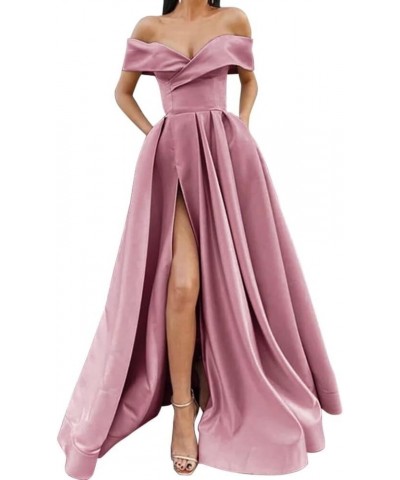 Off Shoulder Long Slit Prom Dresses A-Line Satin Formal Evening Party Gowns with Pockets Burnt Orange $42.92 Dresses