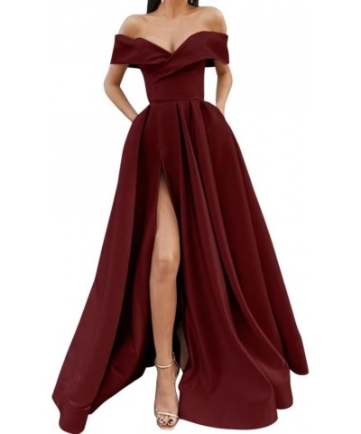 Off Shoulder Long Slit Prom Dresses A-Line Satin Formal Evening Party Gowns with Pockets Burnt Orange $42.92 Dresses