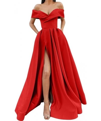 Off Shoulder Long Slit Prom Dresses A-Line Satin Formal Evening Party Gowns with Pockets Burnt Orange $42.92 Dresses