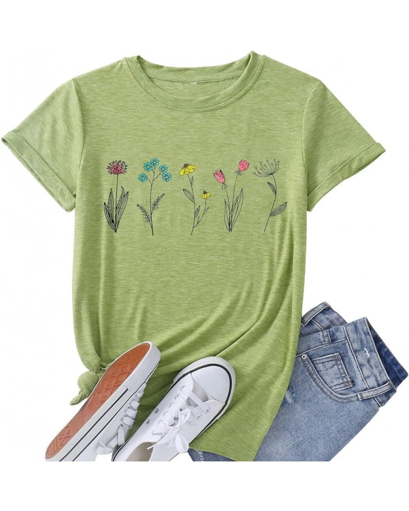 Wildflower Shirts for Women Causal Summer Flower Graphic Tees Cute Garden Plant Lover Tshirts Tops Olive Green $9.60 T-Shirts