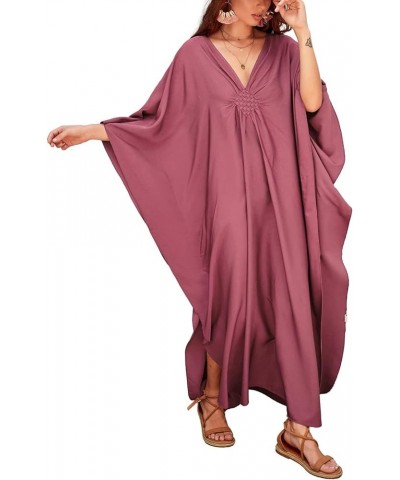 Women Plus Size Beach Kaftan Dresses V Neck Batwing Sleeve Swimsuit Cover Up Caftans A-bean Red $14.96 Swimsuits