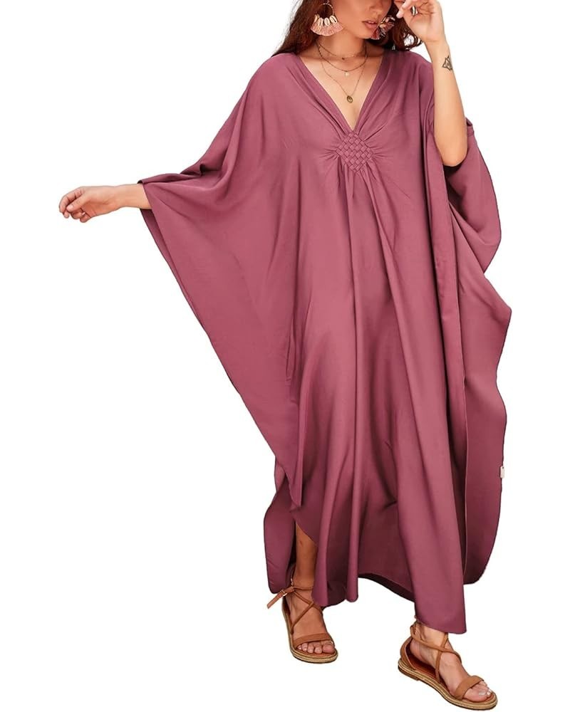 Women Plus Size Beach Kaftan Dresses V Neck Batwing Sleeve Swimsuit Cover Up Caftans A-bean Red $14.96 Swimsuits