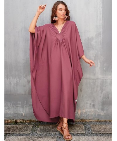 Women Plus Size Beach Kaftan Dresses V Neck Batwing Sleeve Swimsuit Cover Up Caftans A-bean Red $14.96 Swimsuits