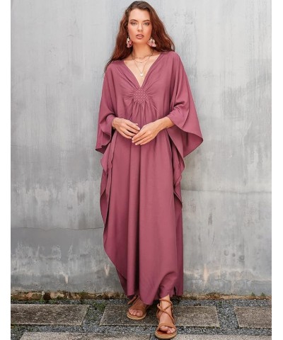 Women Plus Size Beach Kaftan Dresses V Neck Batwing Sleeve Swimsuit Cover Up Caftans A-bean Red $14.96 Swimsuits