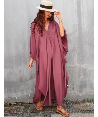 Women Plus Size Beach Kaftan Dresses V Neck Batwing Sleeve Swimsuit Cover Up Caftans A-bean Red $14.96 Swimsuits