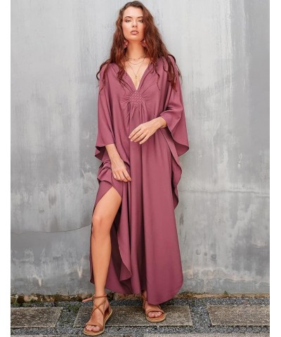 Women Plus Size Beach Kaftan Dresses V Neck Batwing Sleeve Swimsuit Cover Up Caftans A-bean Red $14.96 Swimsuits