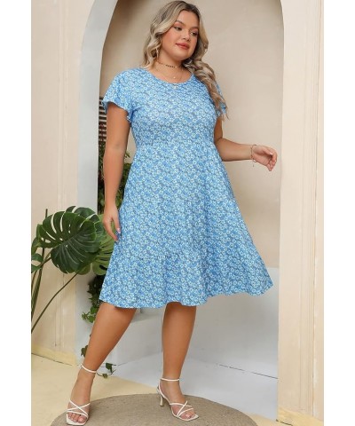 Plus Size Summer Dress for Women Ruffle Sleeve Tiered Flowy Casual Aline Babydoll Sundresses with Pockets Blue Daisy $20.90 D...