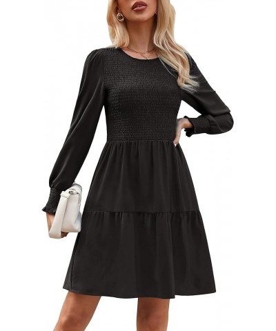 Women Casual Puff Long Sleeve Round Neck Fall Dress Ruffle Tiered Pleated Swing Flowy Floral Mini A Line Dress Solid-black $1...