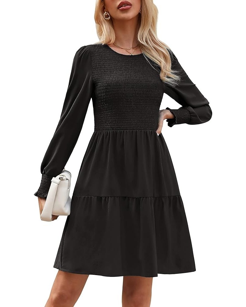 Women Casual Puff Long Sleeve Round Neck Fall Dress Ruffle Tiered Pleated Swing Flowy Floral Mini A Line Dress Solid-black $1...