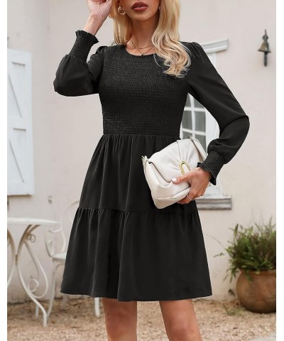 Women Casual Puff Long Sleeve Round Neck Fall Dress Ruffle Tiered Pleated Swing Flowy Floral Mini A Line Dress Solid-black $1...