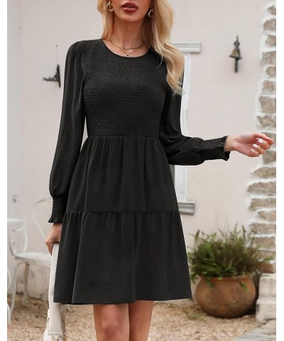 Women Casual Puff Long Sleeve Round Neck Fall Dress Ruffle Tiered Pleated Swing Flowy Floral Mini A Line Dress Solid-black $1...