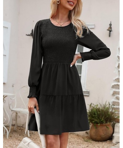 Women Casual Puff Long Sleeve Round Neck Fall Dress Ruffle Tiered Pleated Swing Flowy Floral Mini A Line Dress Solid-black $1...