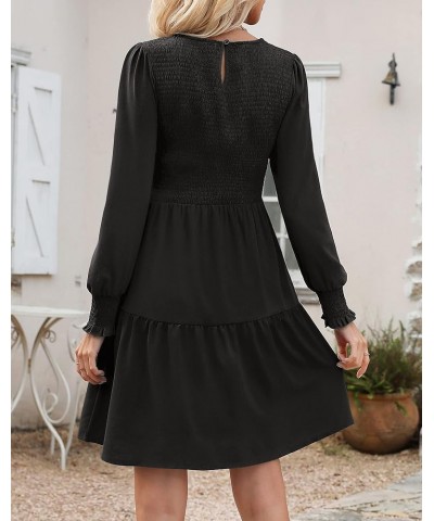 Women Casual Puff Long Sleeve Round Neck Fall Dress Ruffle Tiered Pleated Swing Flowy Floral Mini A Line Dress Solid-black $1...