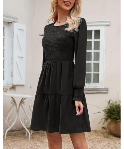 Women Casual Puff Long Sleeve Round Neck Fall Dress Ruffle Tiered Pleated Swing Flowy Floral Mini A Line Dress Solid-black $1...