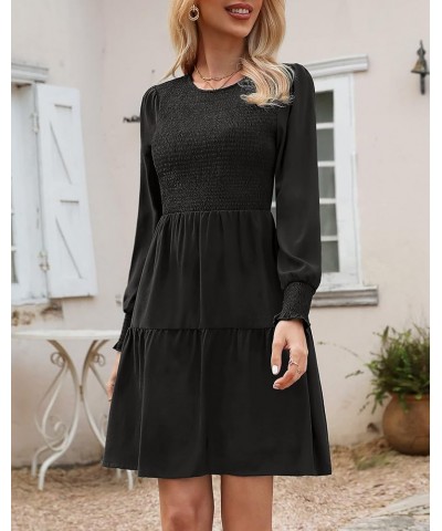 Women Casual Puff Long Sleeve Round Neck Fall Dress Ruffle Tiered Pleated Swing Flowy Floral Mini A Line Dress Solid-black $1...