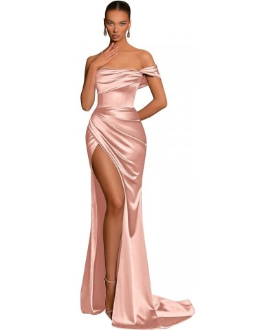 Off The Shoulder Satin Prom Dresses for Women Ruched Bridesmaid Dress High Slit Corset Evening Formal Gowns Blush Pink $41.40...