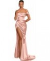 Off The Shoulder Satin Prom Dresses for Women Ruched Bridesmaid Dress High Slit Corset Evening Formal Gowns Blush Pink $41.40...