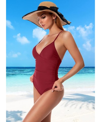 Women's One Piece Swimsuit Tummy Control V Neck Deep Red $12.50 Swimsuits