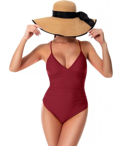 Women's One Piece Swimsuit Tummy Control V Neck Deep Red $12.50 Swimsuits