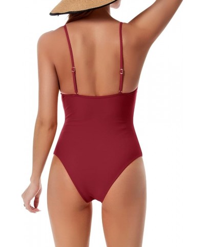 Women's One Piece Swimsuit Tummy Control V Neck Deep Red $12.50 Swimsuits