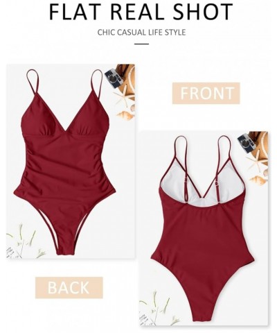 Women's One Piece Swimsuit Tummy Control V Neck Deep Red $12.50 Swimsuits