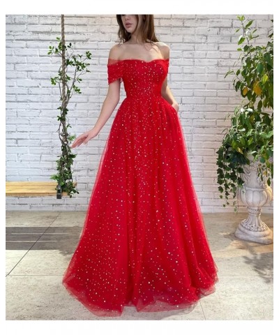 Sparkly Starry Tulle Prom Dresses with Slit Puffy Sleeve Long Moon Sequin 2022 Formal Evening Party Gowns Pockets Off Shoulde...