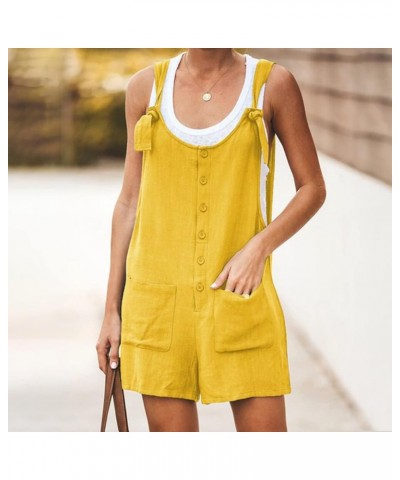 Women's Shorts Overalls Casual Summer Womens Sleeveless Cotton Linen Romper Overalls Bib Jumpsuit Shorts With Pockets Z1-yell...