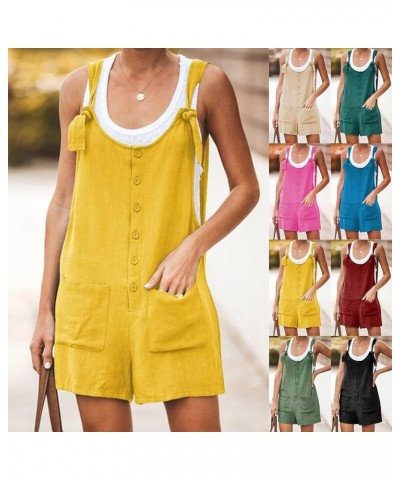 Women's Shorts Overalls Casual Summer Womens Sleeveless Cotton Linen Romper Overalls Bib Jumpsuit Shorts With Pockets Z1-yell...