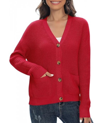 Women's Chunky Knit Open Front V-Neck Long Sleeve Button Casual Cardigan with Pockets Red $11.59 Sweaters