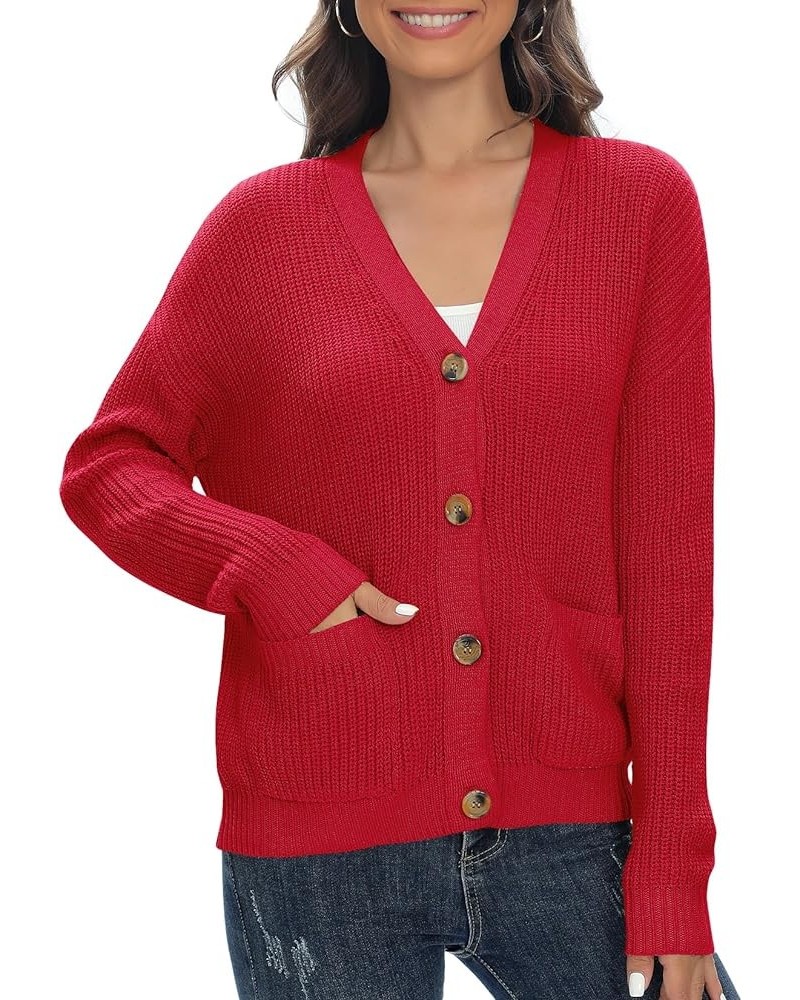 Women's Chunky Knit Open Front V-Neck Long Sleeve Button Casual Cardigan with Pockets Red $11.59 Sweaters