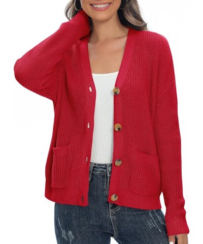 Women's Chunky Knit Open Front V-Neck Long Sleeve Button Casual Cardigan with Pockets Red $11.59 Sweaters