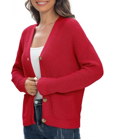 Women's Chunky Knit Open Front V-Neck Long Sleeve Button Casual Cardigan with Pockets Red $11.59 Sweaters