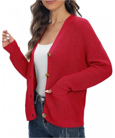 Women's Chunky Knit Open Front V-Neck Long Sleeve Button Casual Cardigan with Pockets Red $11.59 Sweaters