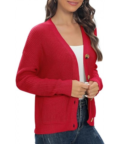 Women's Chunky Knit Open Front V-Neck Long Sleeve Button Casual Cardigan with Pockets Red $11.59 Sweaters