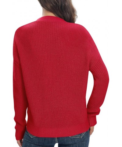 Women's Chunky Knit Open Front V-Neck Long Sleeve Button Casual Cardigan with Pockets Red $11.59 Sweaters