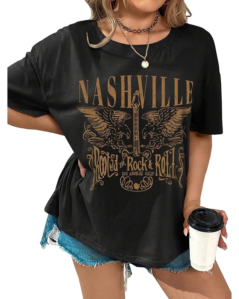 Nashville Music City T-Shirt Women Country Music Oversized Shirts Rock Band Tshirt Vintage Guitar Wings Graphic Tees Black-4 ...