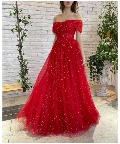 Sparkly Starry Tulle Prom Dresses with Slit Puffy Sleeve Long Moon Sequin 2022 Formal Evening Party Gowns Pockets Off Shoulde...