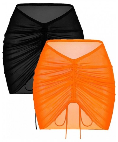 2 Pieces Women Beach Sheer Cover Ups Mesh Bikini Wrap Ruched Skirt for Swimwear S-XXL Black + Orange $12.25 Swimsuits