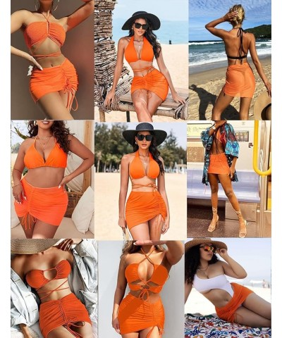 2 Pieces Women Beach Sheer Cover Ups Mesh Bikini Wrap Ruched Skirt for Swimwear S-XXL Black + Orange $12.25 Swimsuits